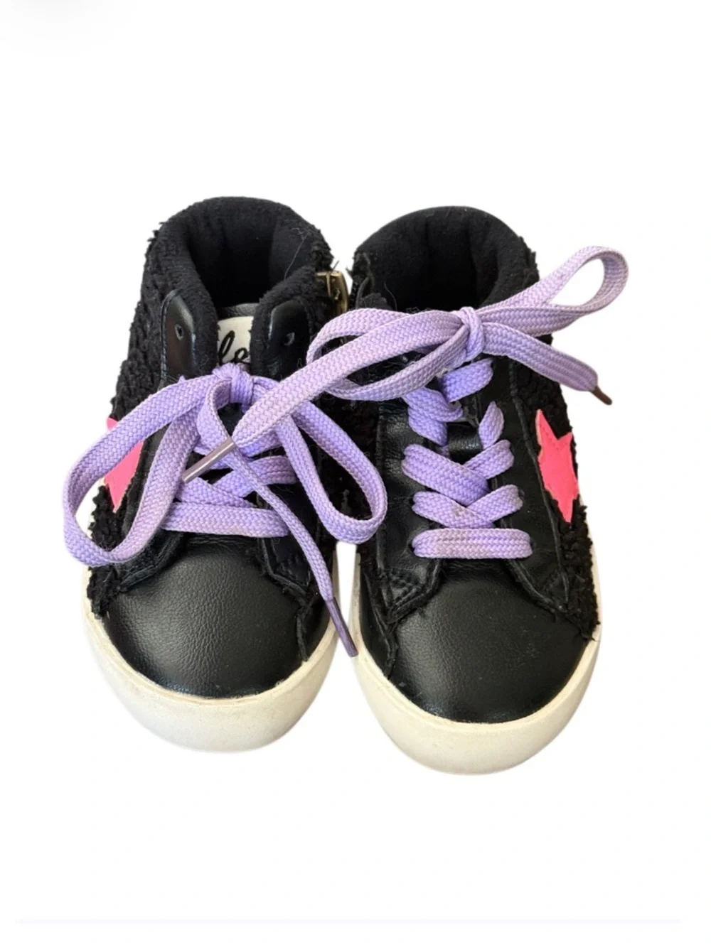 Lola + the Boys Black Sherpa High-Top Sneakers w Pink Star -Size 6